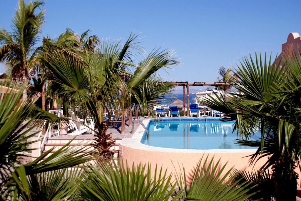 Vista entre palmeras de Alberca en Club Hotel Cantamar, La Paz, Baja California Sur