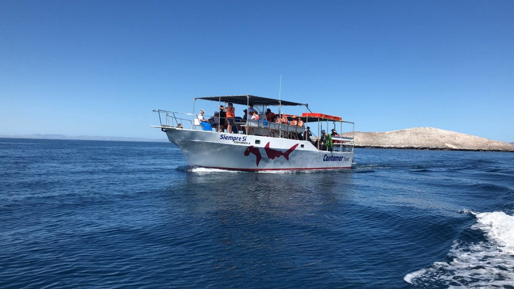 Barco Siempre Sí de Club Hotel Cantamar, usado para Tours de Isla Espíritu Santo y Buceo, aguas azules y fondo Isla Gaviota, La Paz, Baja California Sur